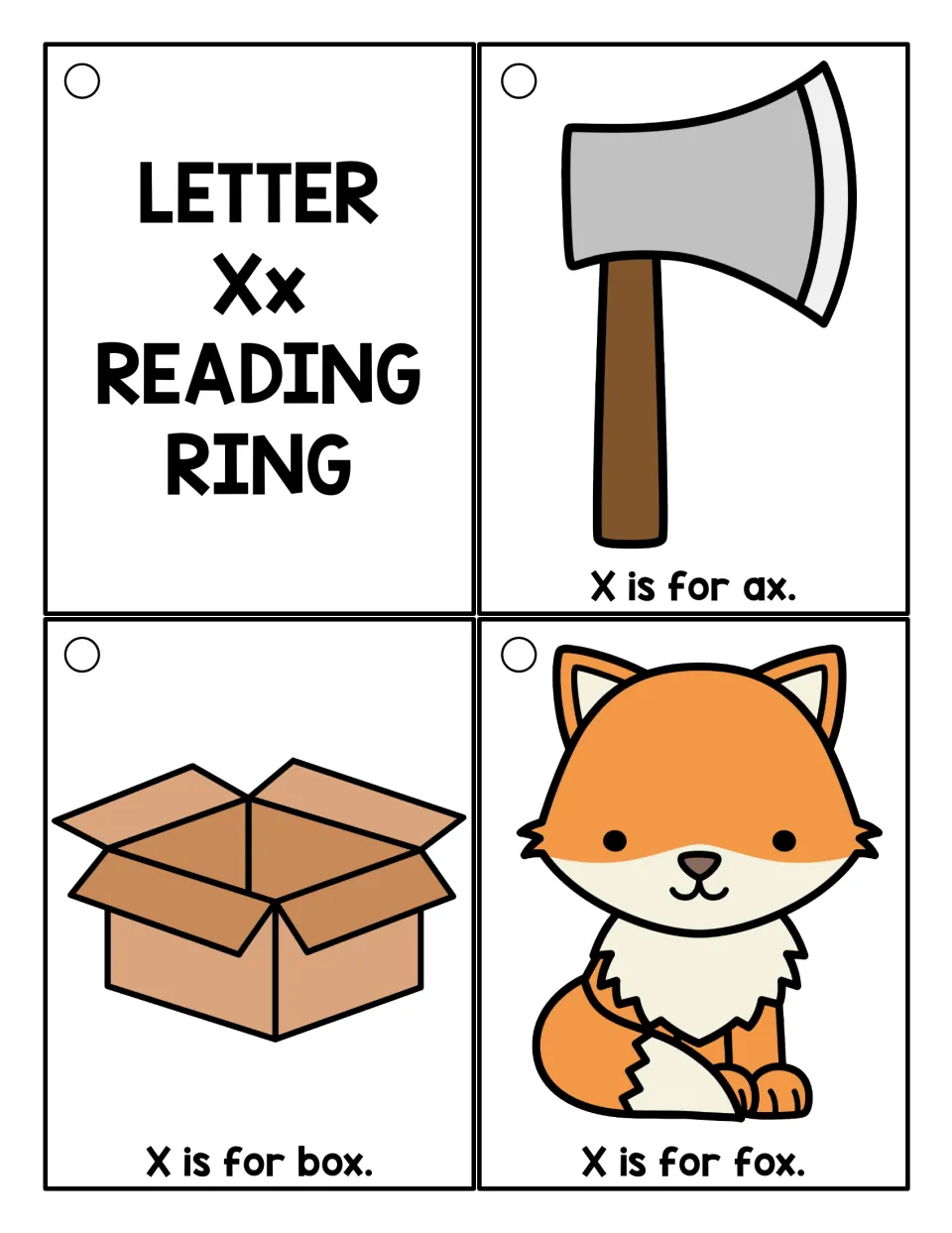 Reading ring cards: an Xx cover and three color picture cards reading 'X is for ax,' 'box,' and 'fox'