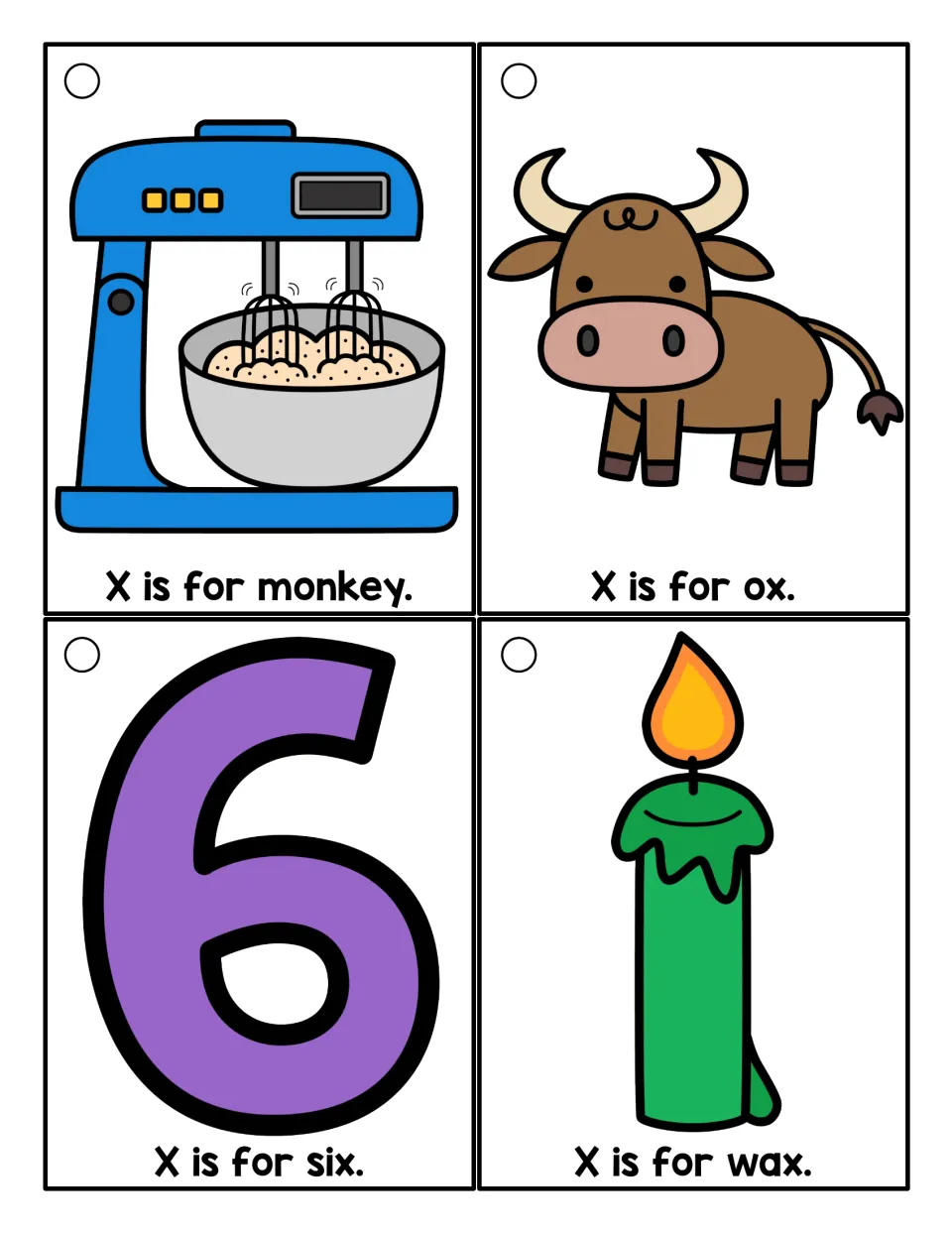 Color reading ring cards: a mixer labeled 'X is for monkey,' plus 'X is for ox,' 'six,' and 'wax'