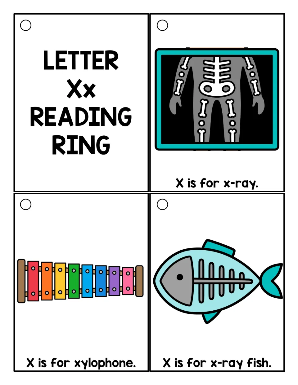 Reading ring cards: an Xx cover and color pictures labeled 'X is for x-ray,' 'xylophone,' and 'x-ray fish'