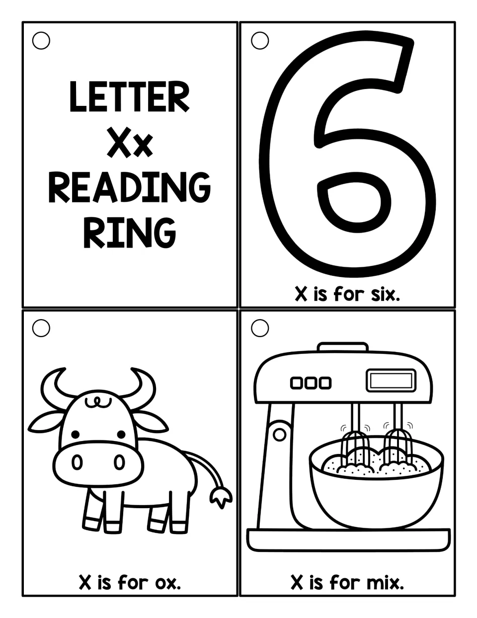 Black-and-white reading ring cards: an Xx cover and pictures labeled 'X is for six,' 'ox,' and 'mix'