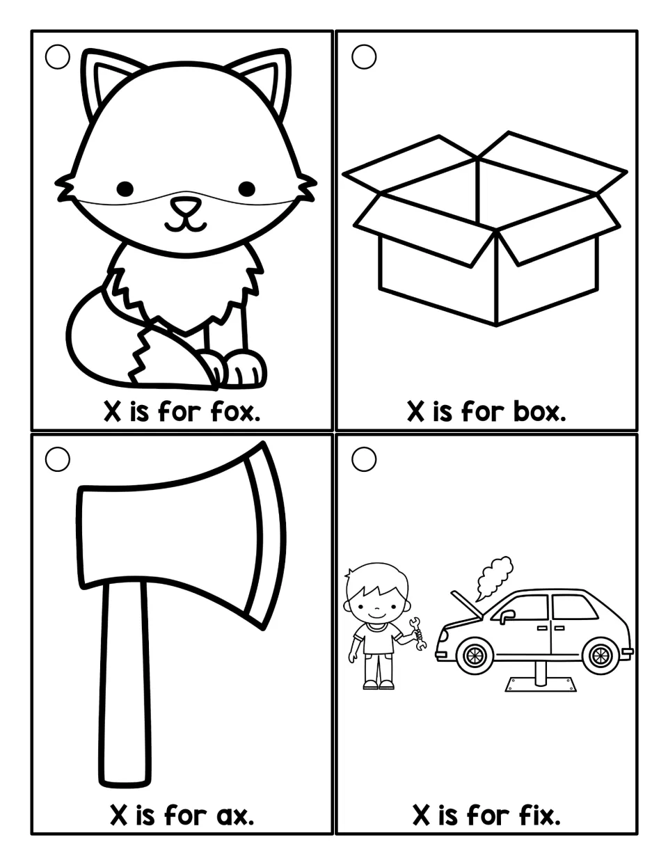 Black-and-white reading ring cards showing fox, box, ax, and car repair, each with an 'X is for' sentence