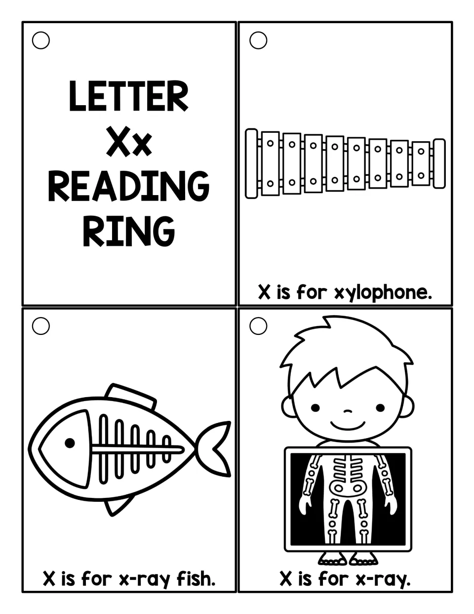Black-and-white reading ring cards: an Xx cover plus 'X is for xylophone,' 'x-ray fish,' and 'x-ray'
