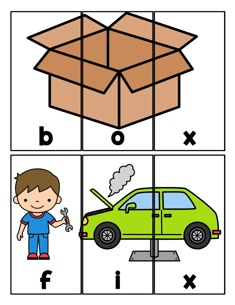Words ending in x: students put together 3-piece puzzles of a box and a boy fixing a car to spell box and fix