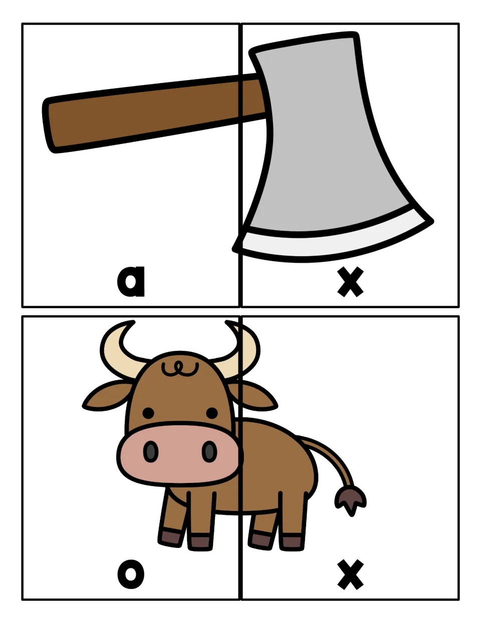 Two-letter x words: students join 2-piece picture puzzles of an axe and an ox, spelling a-x and o-x in order