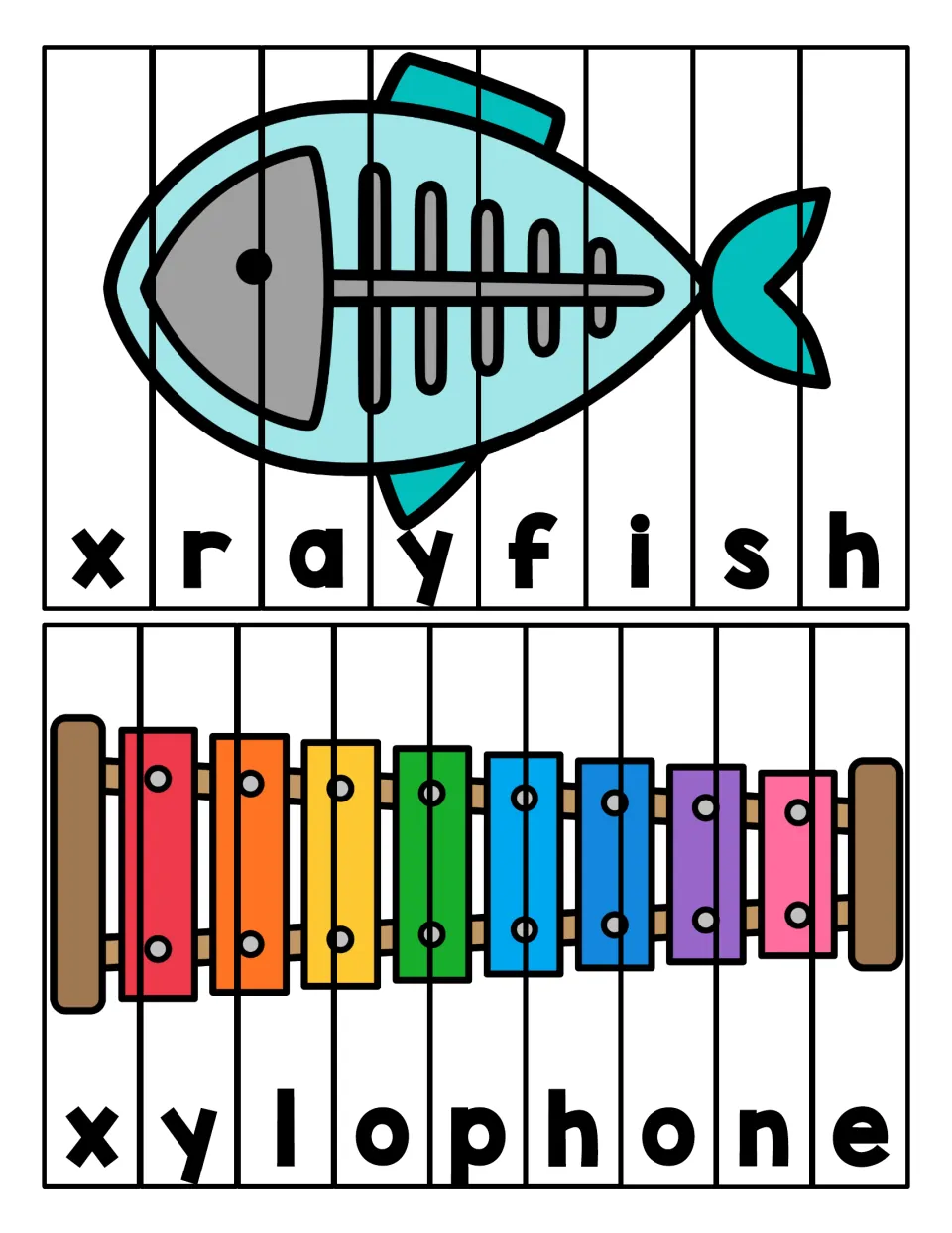 Longer x words: students order letter strips to rebuild an x-ray fish picture and a xylophone picture