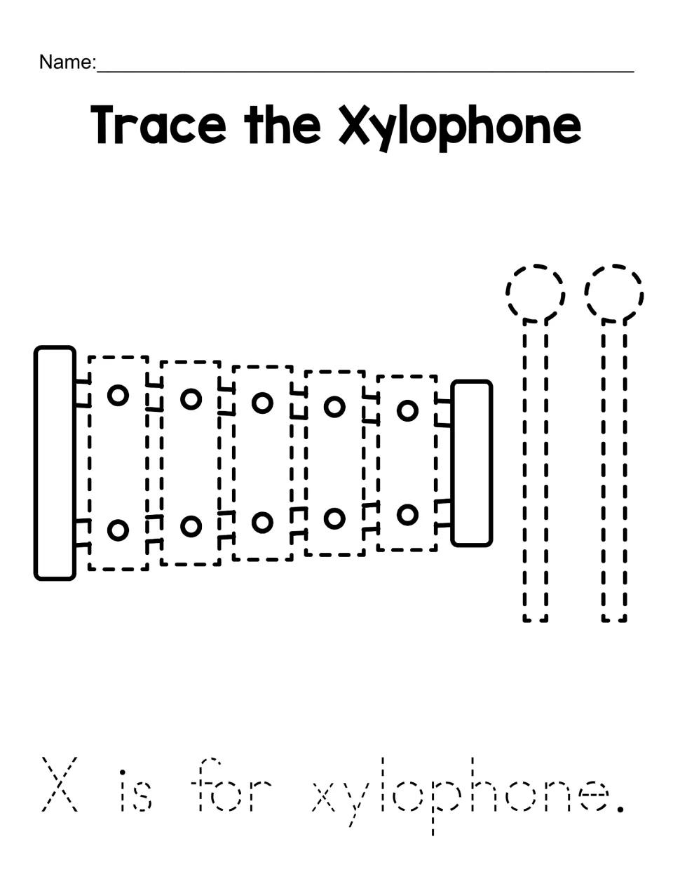 Letter X: students trace a dotted xylophone and two mallets, then trace the sentence "X is for xylophone." in print