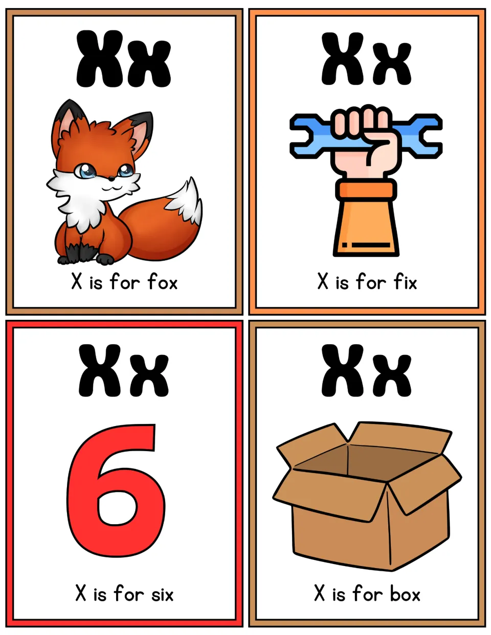 Letter X flashcards in color: X is for fox, fix, six and box, each card showing Xx above a picture of the word