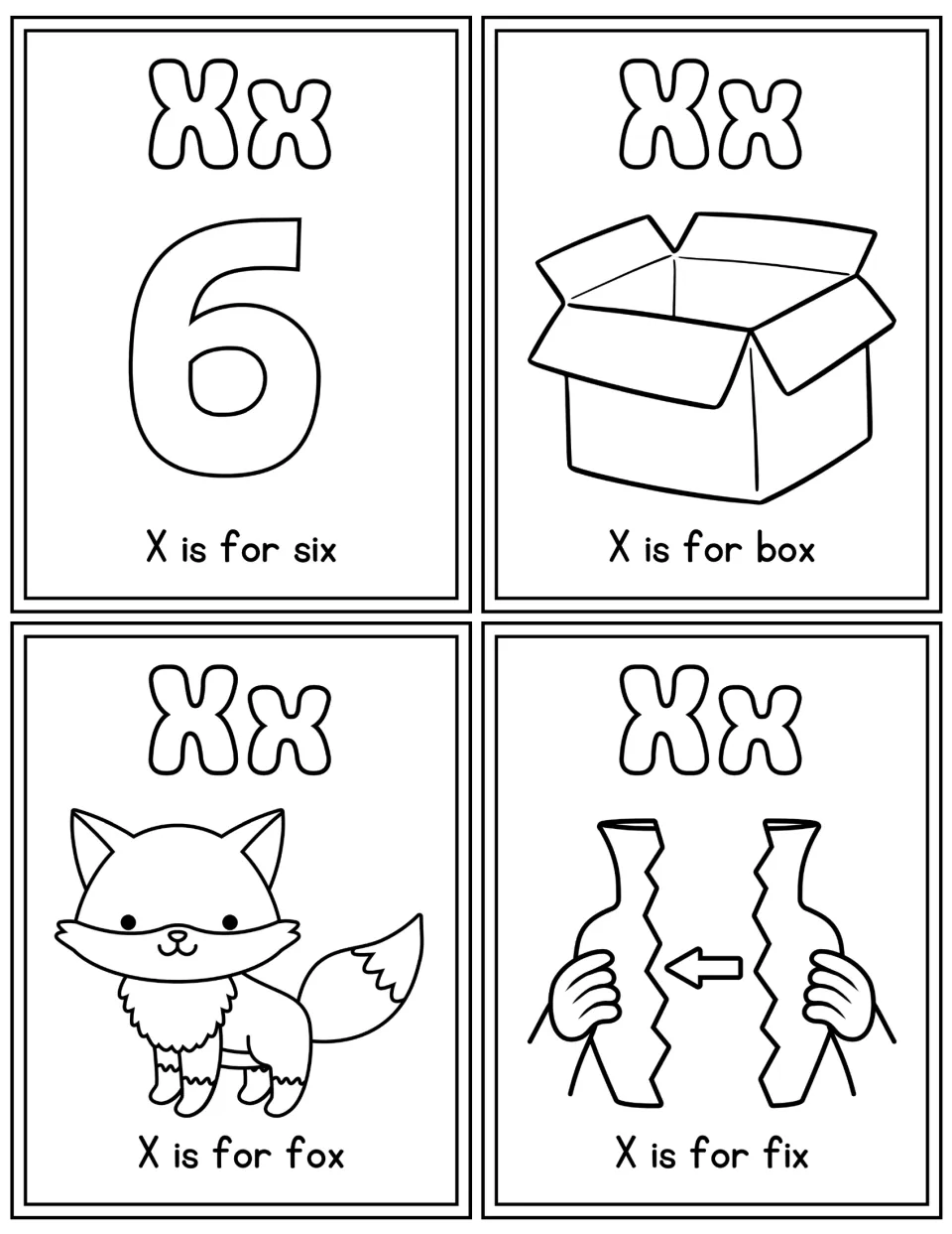 Letter X coloring cards: outlined Xx with black-and-white pictures labeled X is for six, box, fox and fix