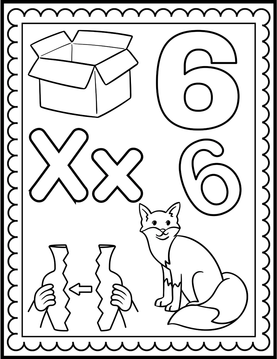 Letter X coloring page: outlined Xx surrounded by a box, two number 6s, a fox and hands fixing a broken vase