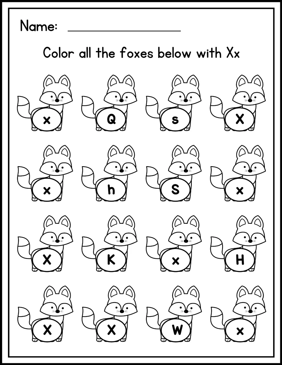 Letter recognition: of 16 foxes, students color those marked X or x and skip ones with Q, s, h, K, H, S or W