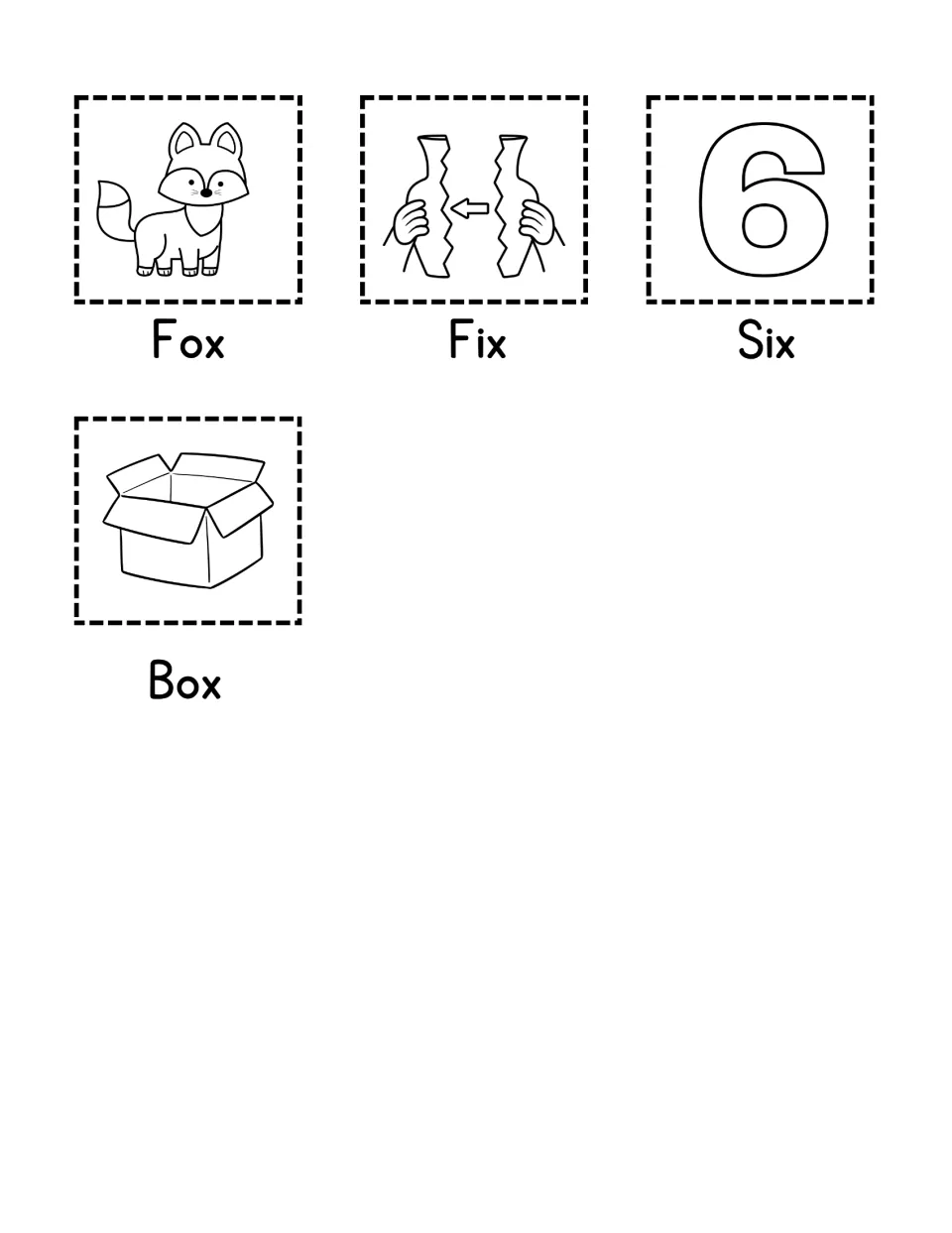 Letter X cut-out picture cards labeled Fox, Fix, Six and Box, each inside a dashed line for students to cut