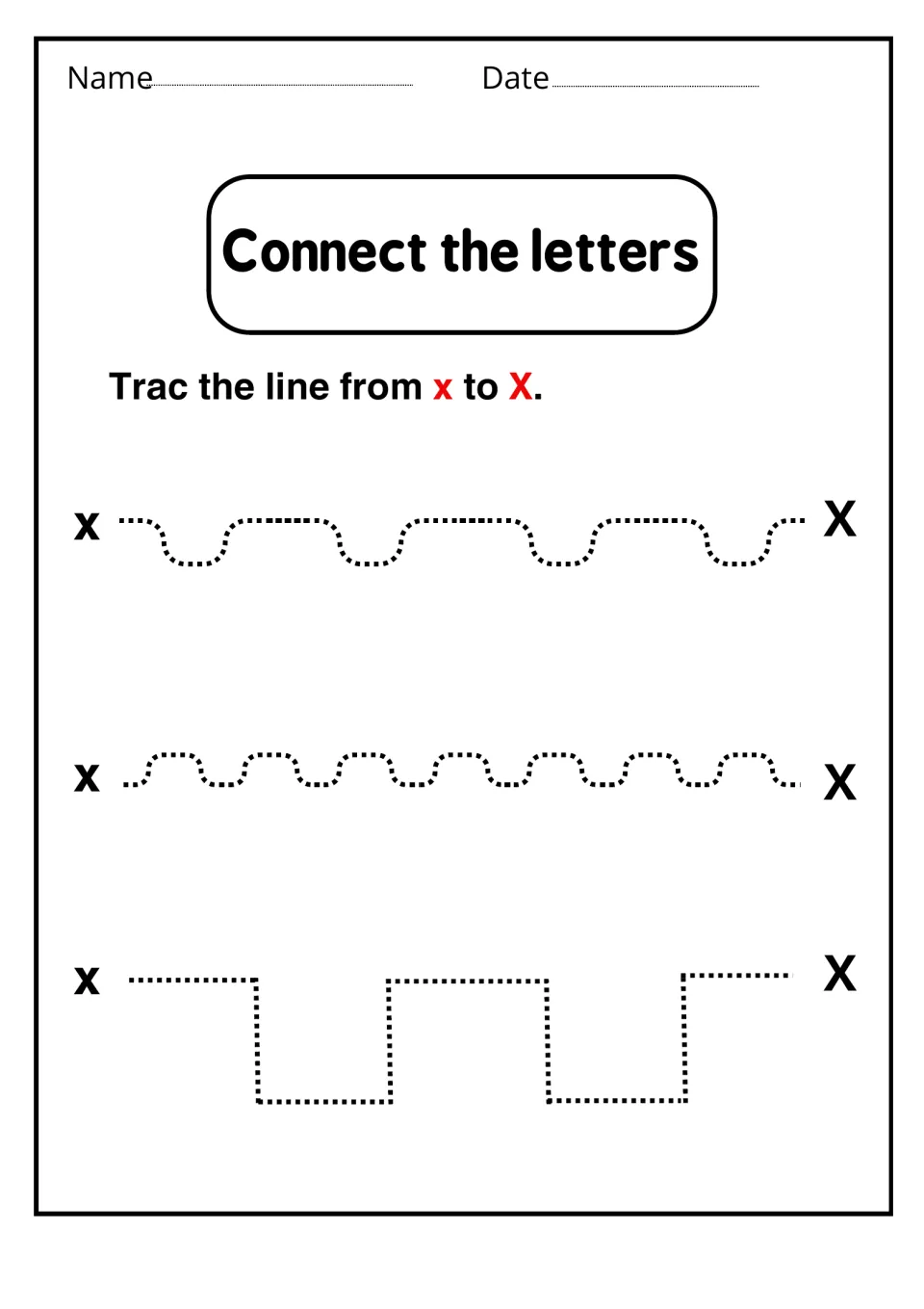 Connect the letters: students trace dotted wavy, curvy and stepped lines from lowercase x to uppercase X