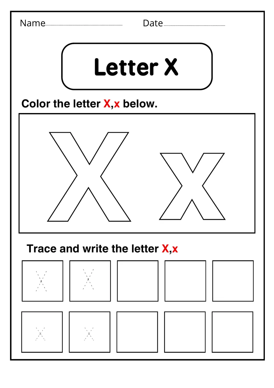 Letter X: students color a large outlined X and x, then trace two dotted examples of each and write the rest