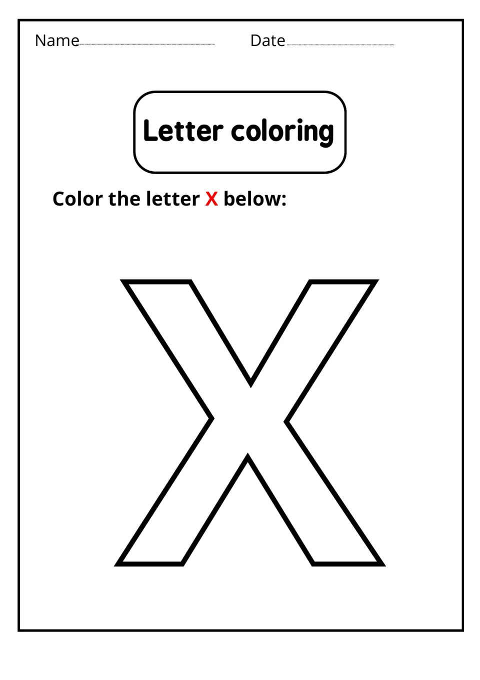 Letter coloring: students color in one large outlined uppercase X that fills most of the page