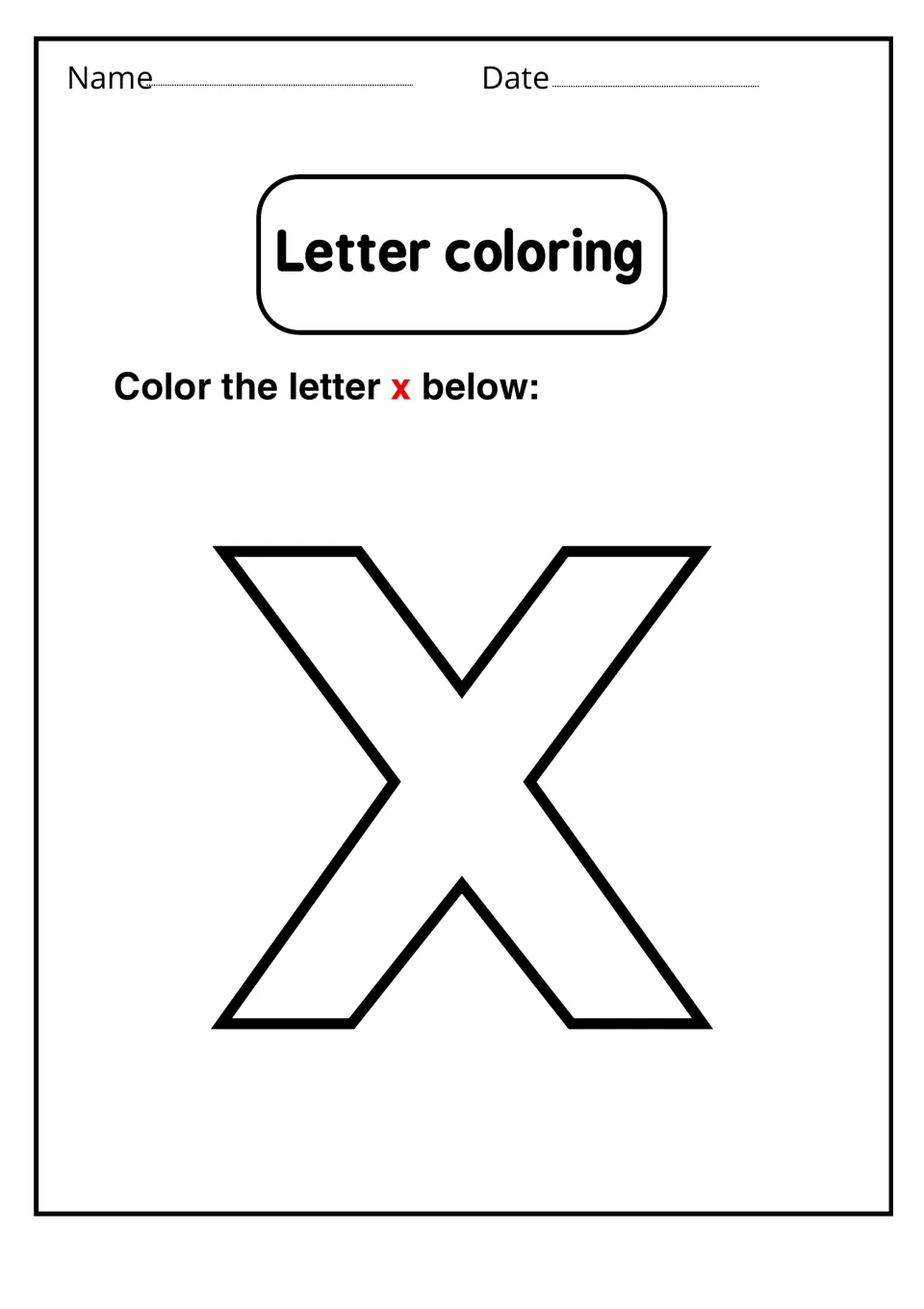 Letter coloring: students color in one large outlined lowercase x to recognize the small letter form