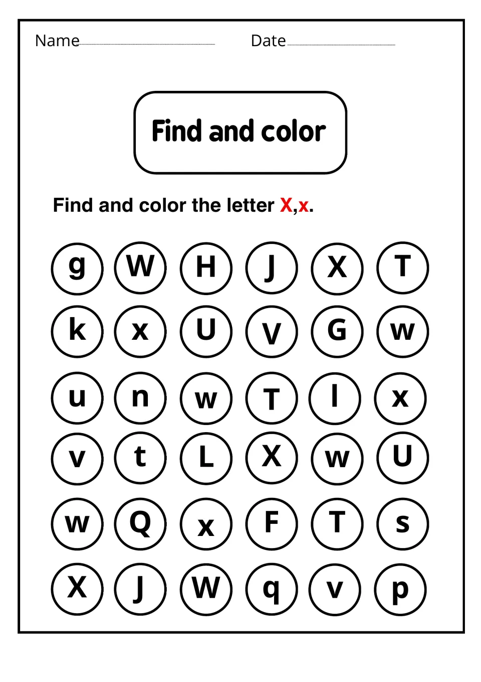 Find and color: students color the six X and x letters among 36 circled letters for letter recognition