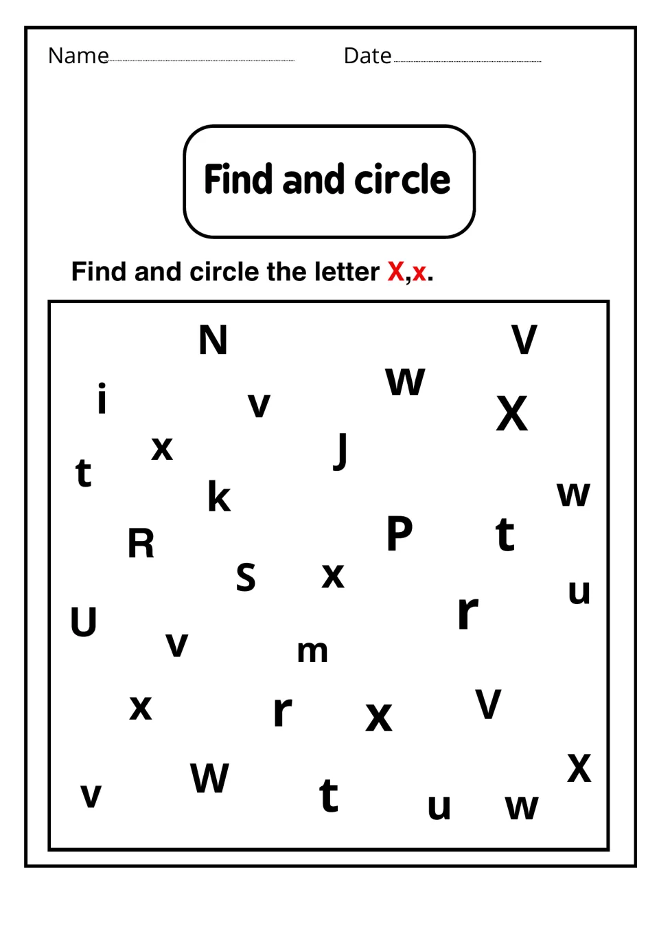 Find and circle: students circle each X and x scattered among mixed letters such as V, w, t and r