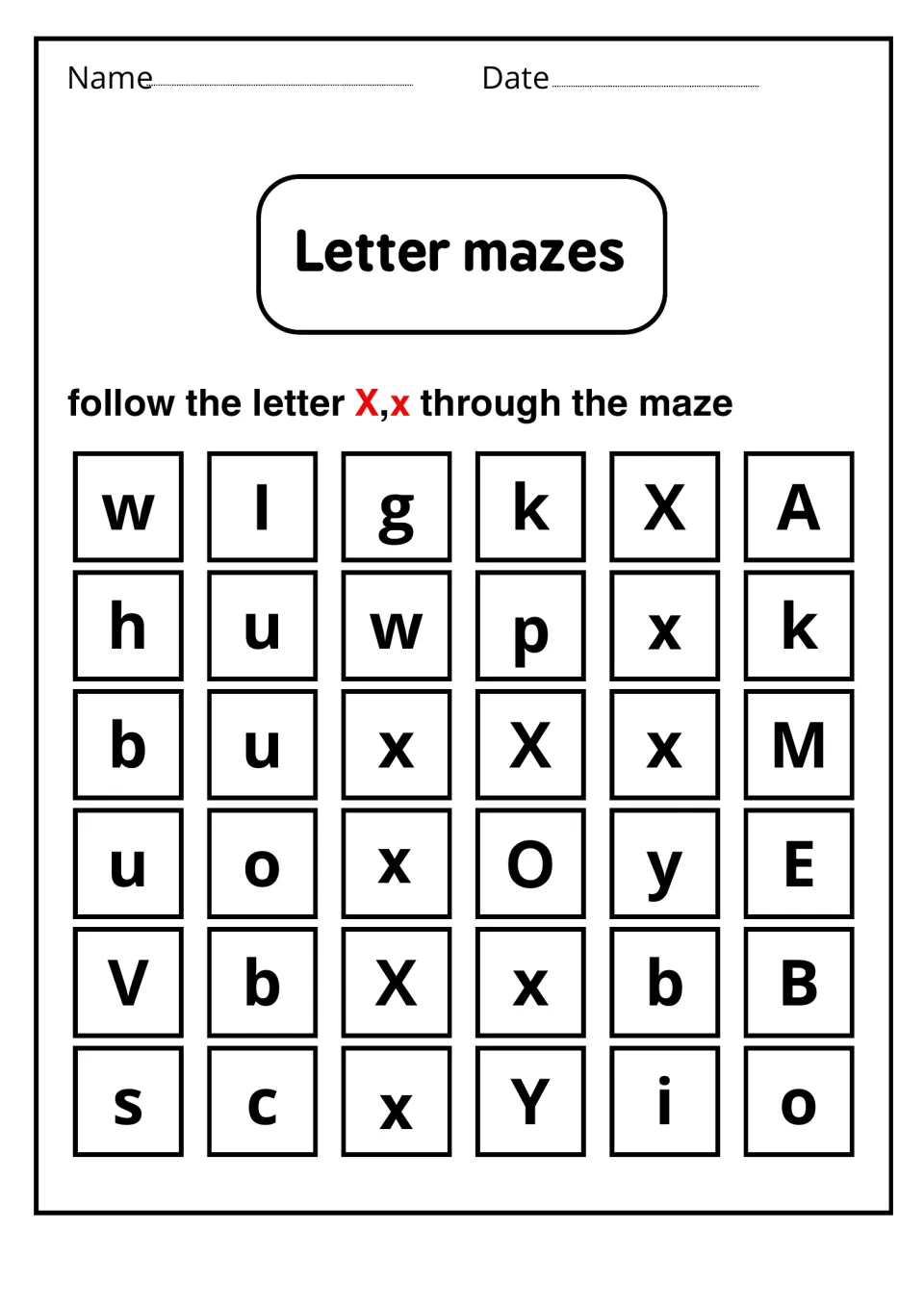 Letter mazes: students find a path by moving only through X and x letters, avoiding the other letters