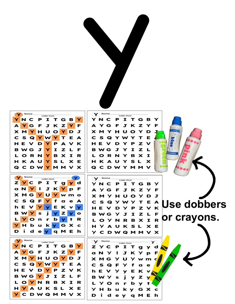 Letter Y Activities cover: a large Y over six Letter Hunt previews, with dobbers or crayons shown for coloring each Y