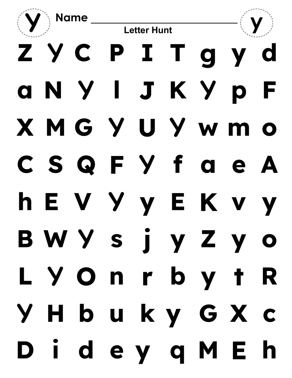 Letter Hunt for Y and y: students find and color every uppercase Y and lowercase y mixed among other letters