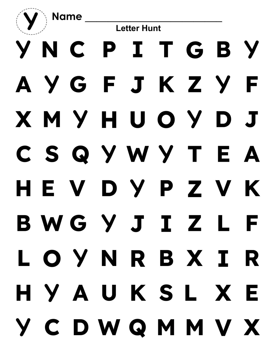 Letter Hunt, uppercase only: students search rows of capital letters and dot or color each Y they find