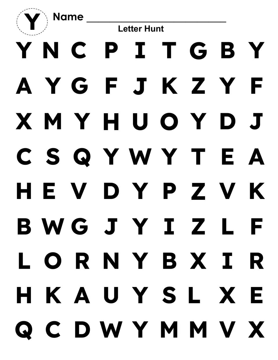 Block-letter Letter Hunt: students locate and color each capital Y among rows of other uppercase letters