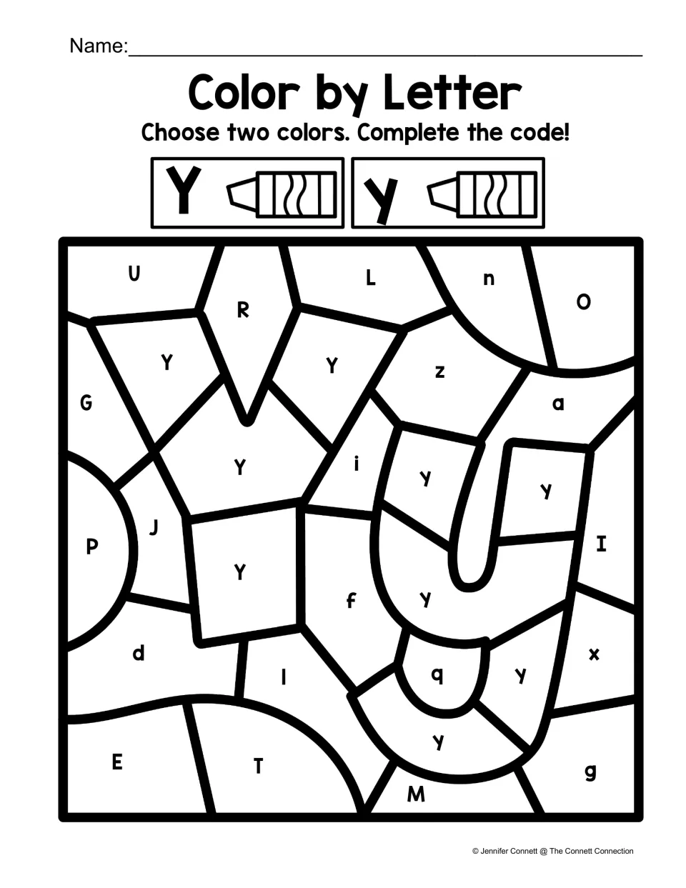 Letter Y color-by-code worksheet showing large uppercase Y and lowercase y shapes, with a two-color key