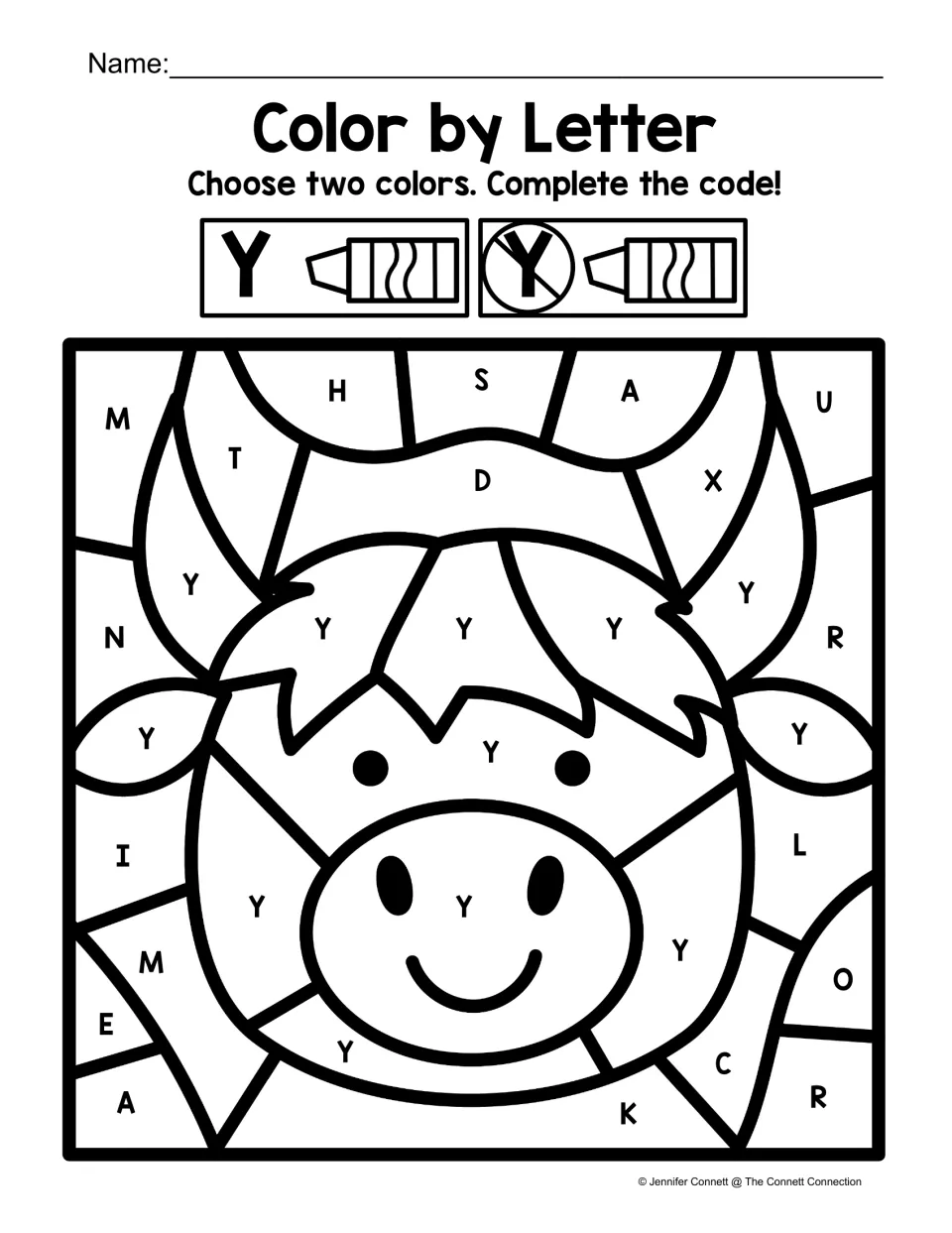 Uppercase Y color-by-code worksheet featuring a yak face, with Y on the yak and other letters around it
