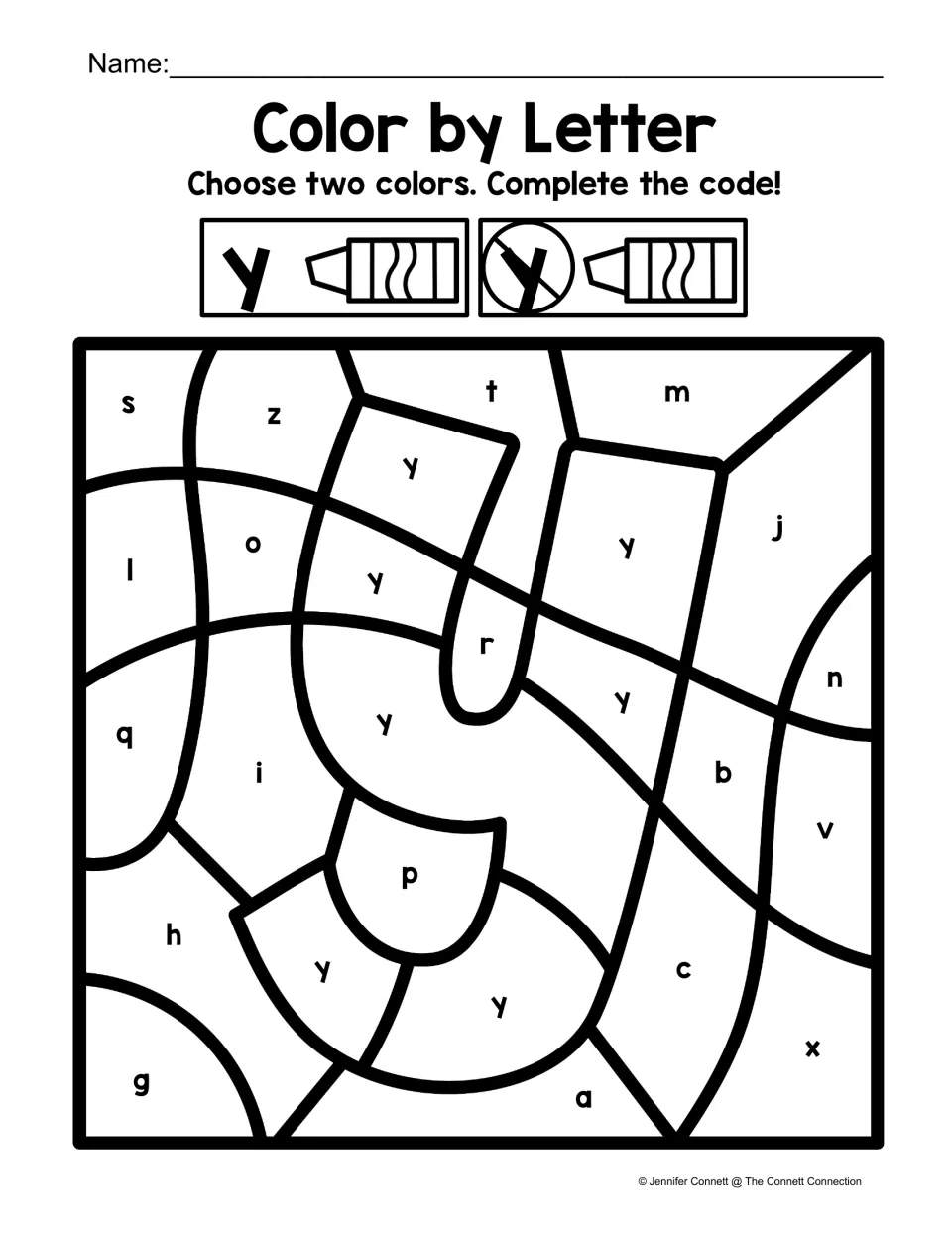 Lowercase y color-by-code worksheet featuring a large y shape, with y and other lowercase letters to color