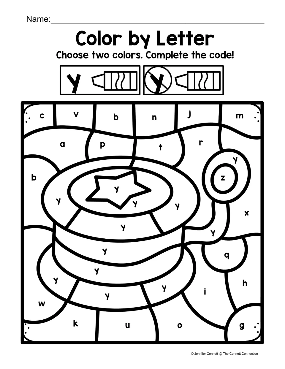 Lowercase y color-by-code worksheet featuring a yo-yo, with y labels on the toy and other letters around it
