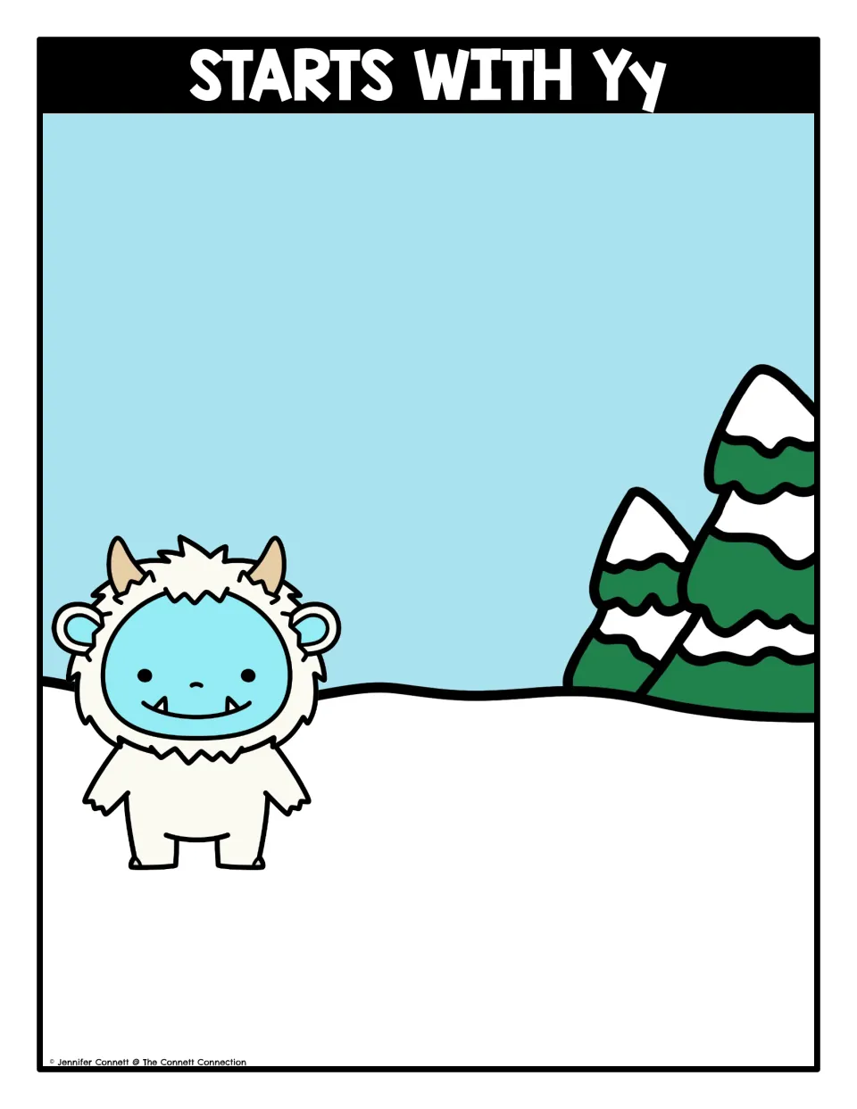 Letter Y sorting mat titled Starts With Yy: a yeti in a snowy scene where students place picture cards that begin with Y