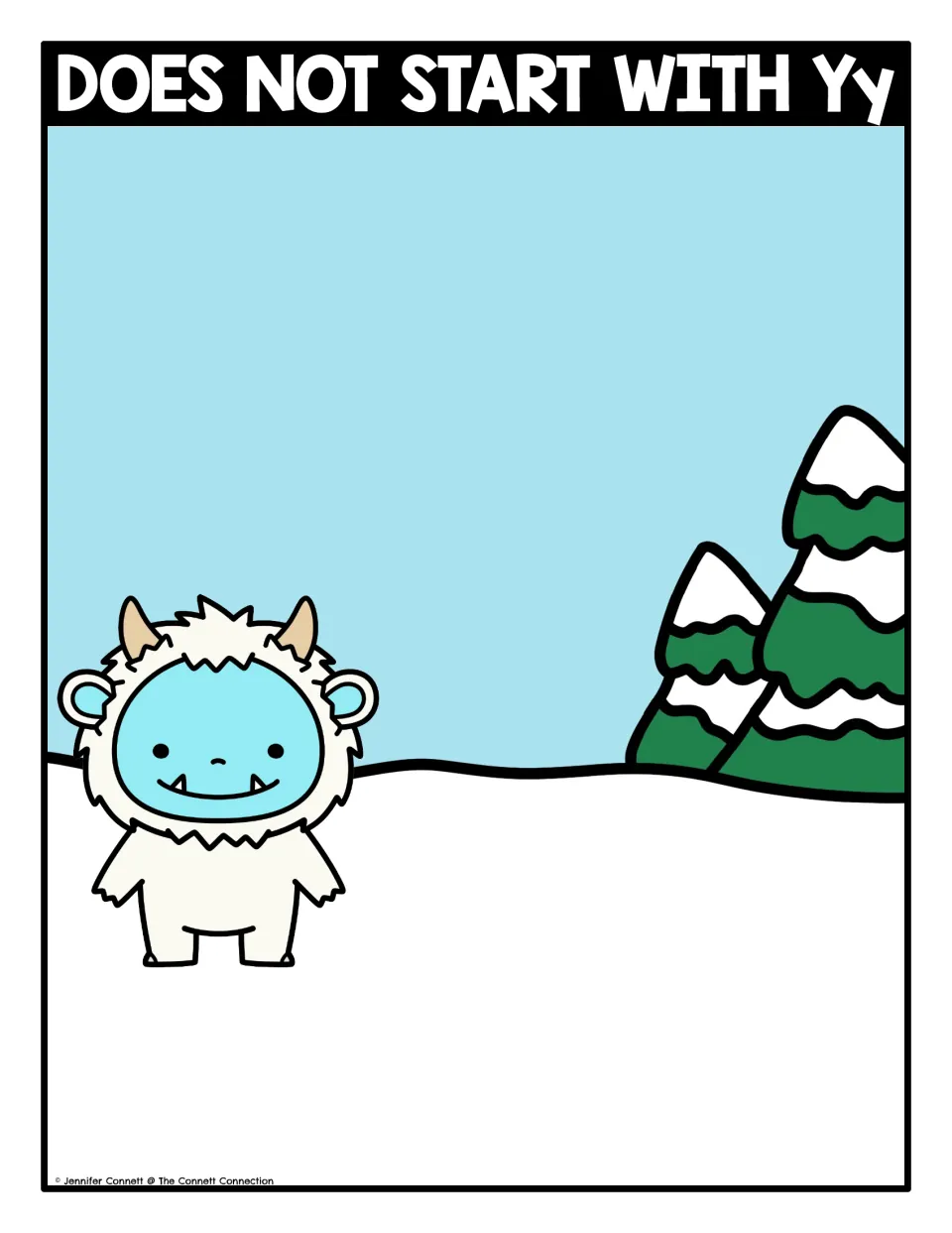 Y sorting mat titled Does Not Start With Yy: yeti in the snow where students place cards that begin with other sounds