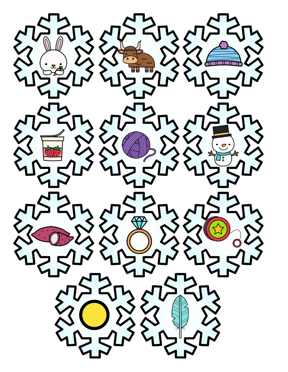 Y sound picture sort: 11 snowflake cards to cut out, including yak, yarn, yogurt, yam, yo-yo, yellow, bunny and hat