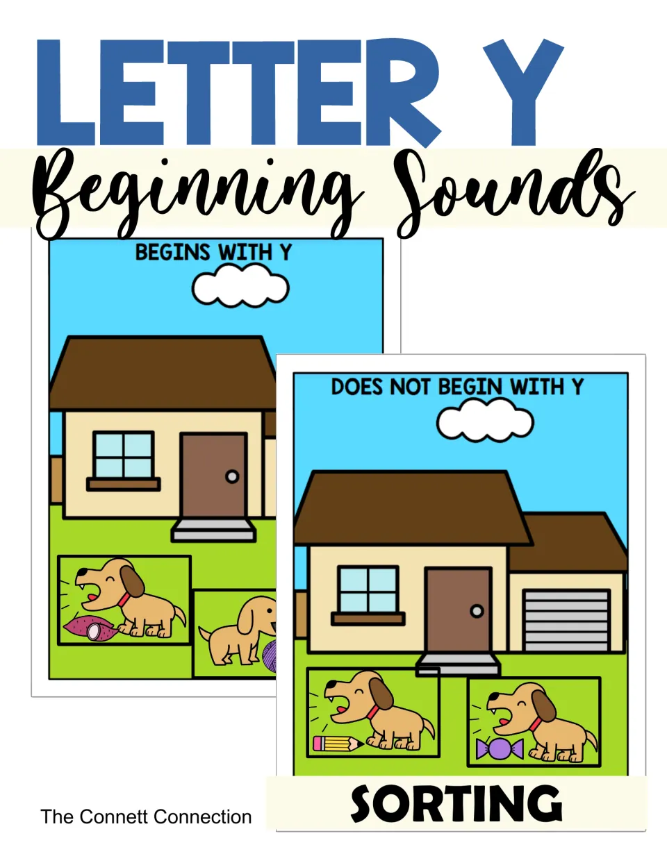 Letter Y beginning sounds sorting cover showing two house mats, Begins With Y and Does Not Begin With Y, with dog cards