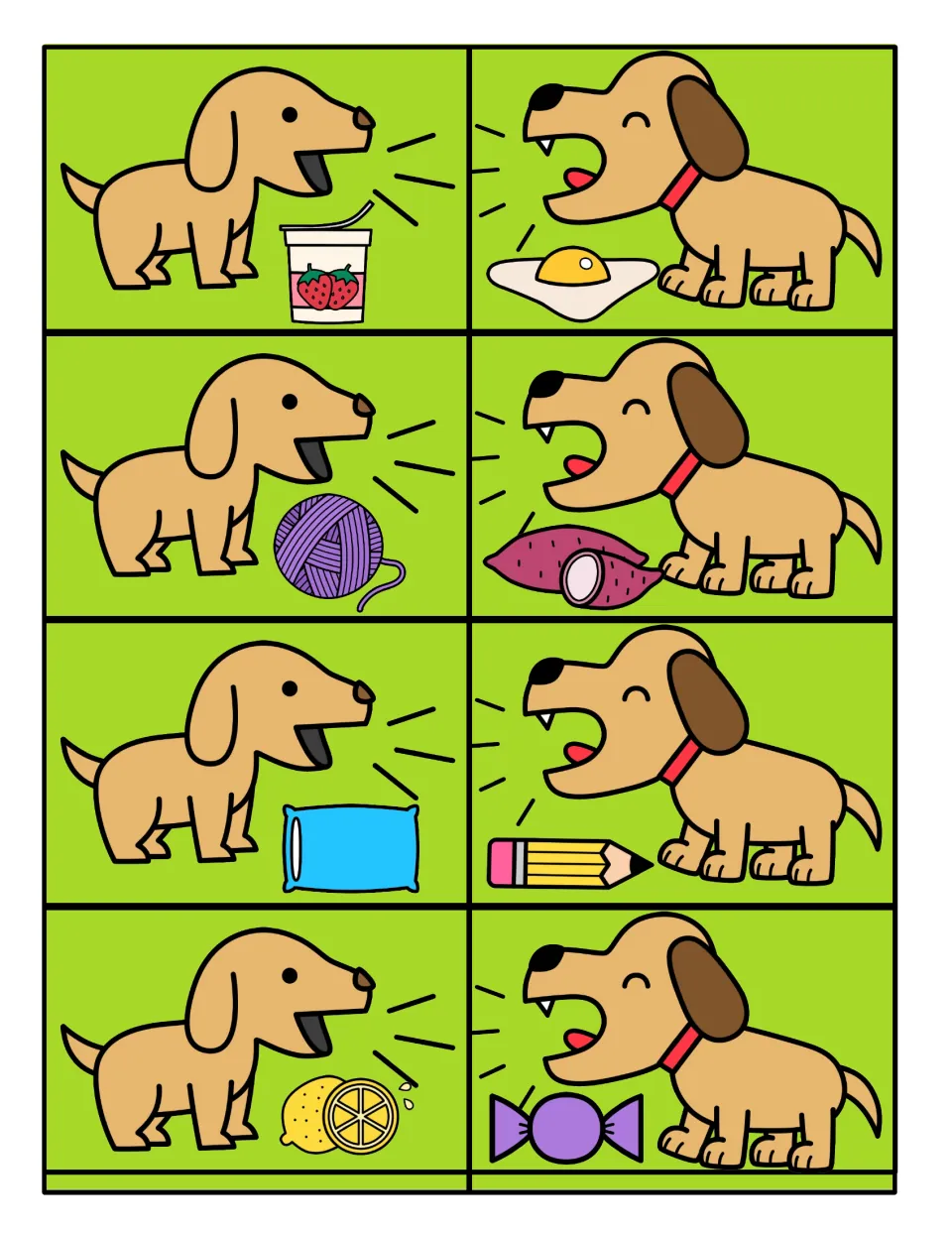 Eight picture cards to cut out, each with a dog and an object: yogurt, egg yolk, yarn, yam, pillow, pencil, lemon, candy