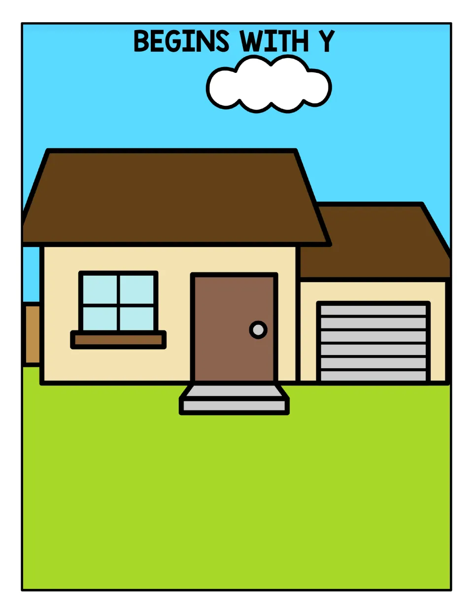 Begins With Y sorting mat: a house scene where students place picture cards whose names start with the /y/ sound