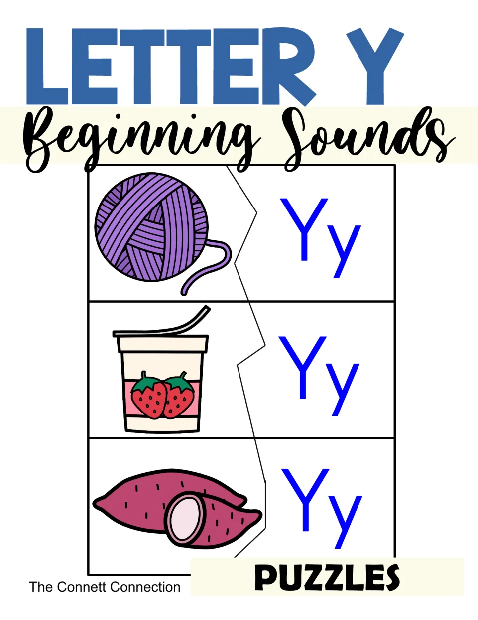 Letter Y Beginning Sounds Puzzles cover: two-piece puzzles pairing yarn, yogurt and yam pictures with Yy