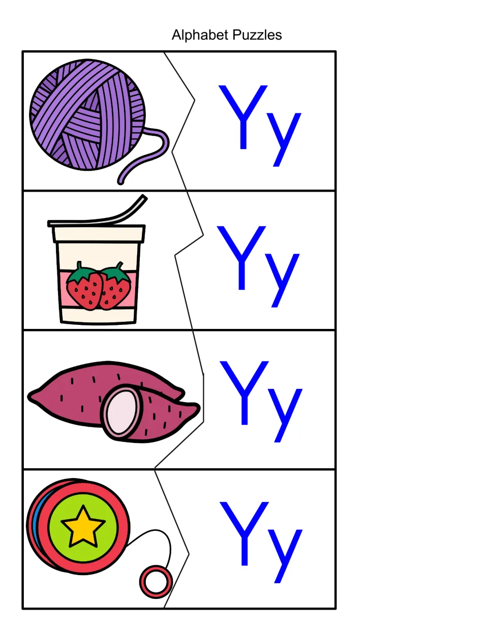 Alphabet Puzzles, Y sound: students cut apart and match yarn, yogurt, yam and yo-yo pictures to their Yy halves