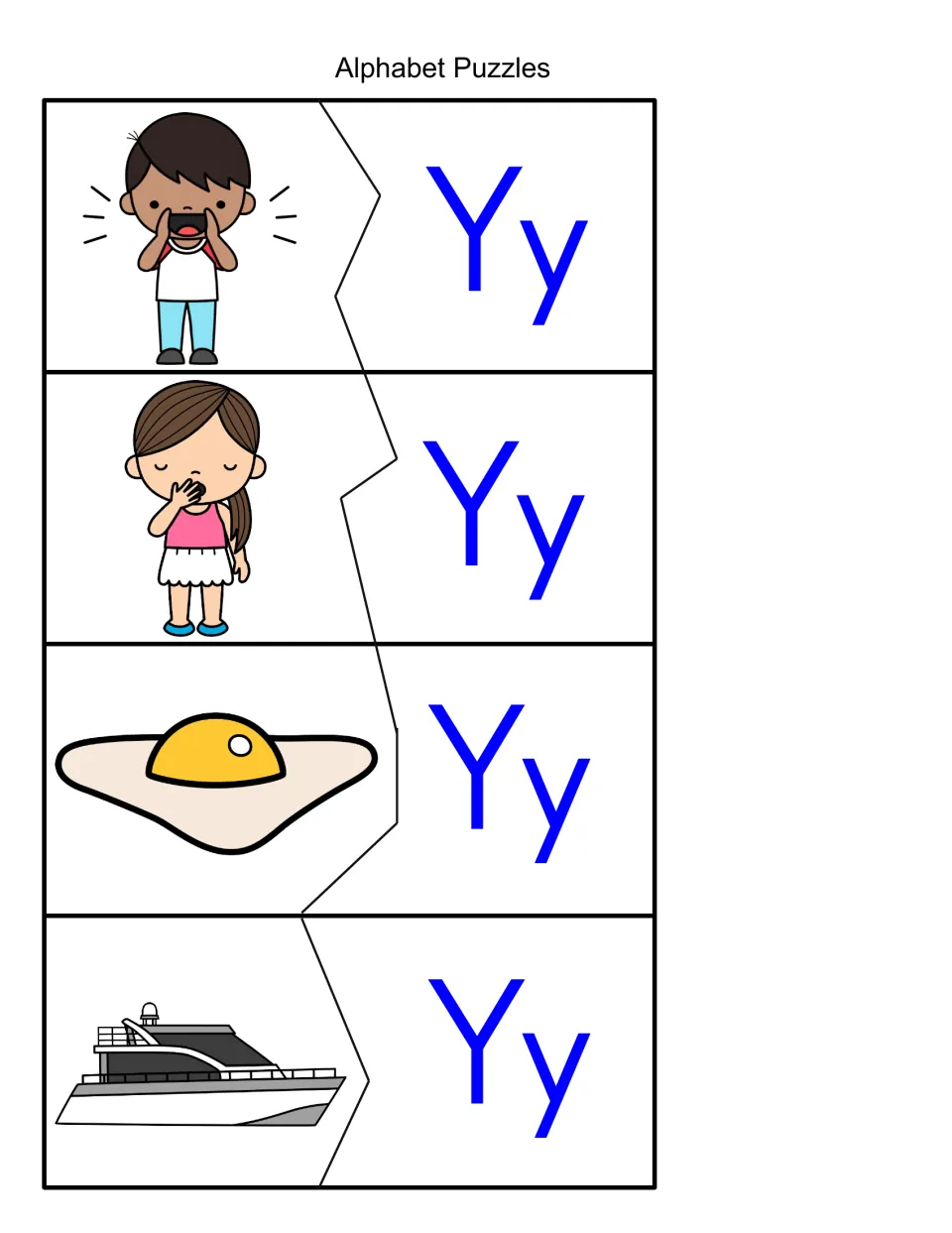 Y beginning sound puzzles: children join pictures of a boy yelling, a girl yawning, an egg yolk and a yacht to Yy