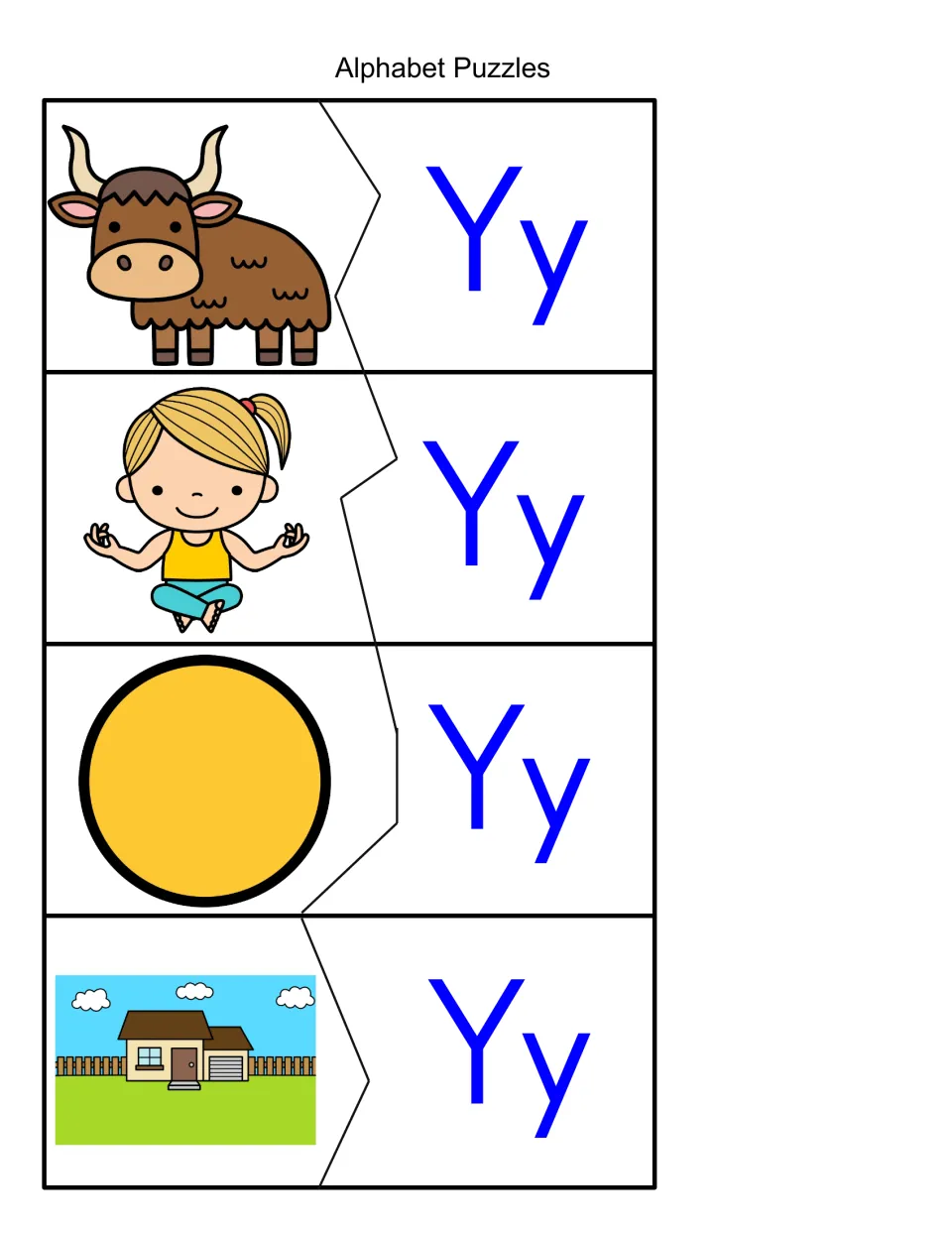 Initial Y sound matching: learners connect yak, girl doing yoga, yellow circle and house with yard pieces to Yy