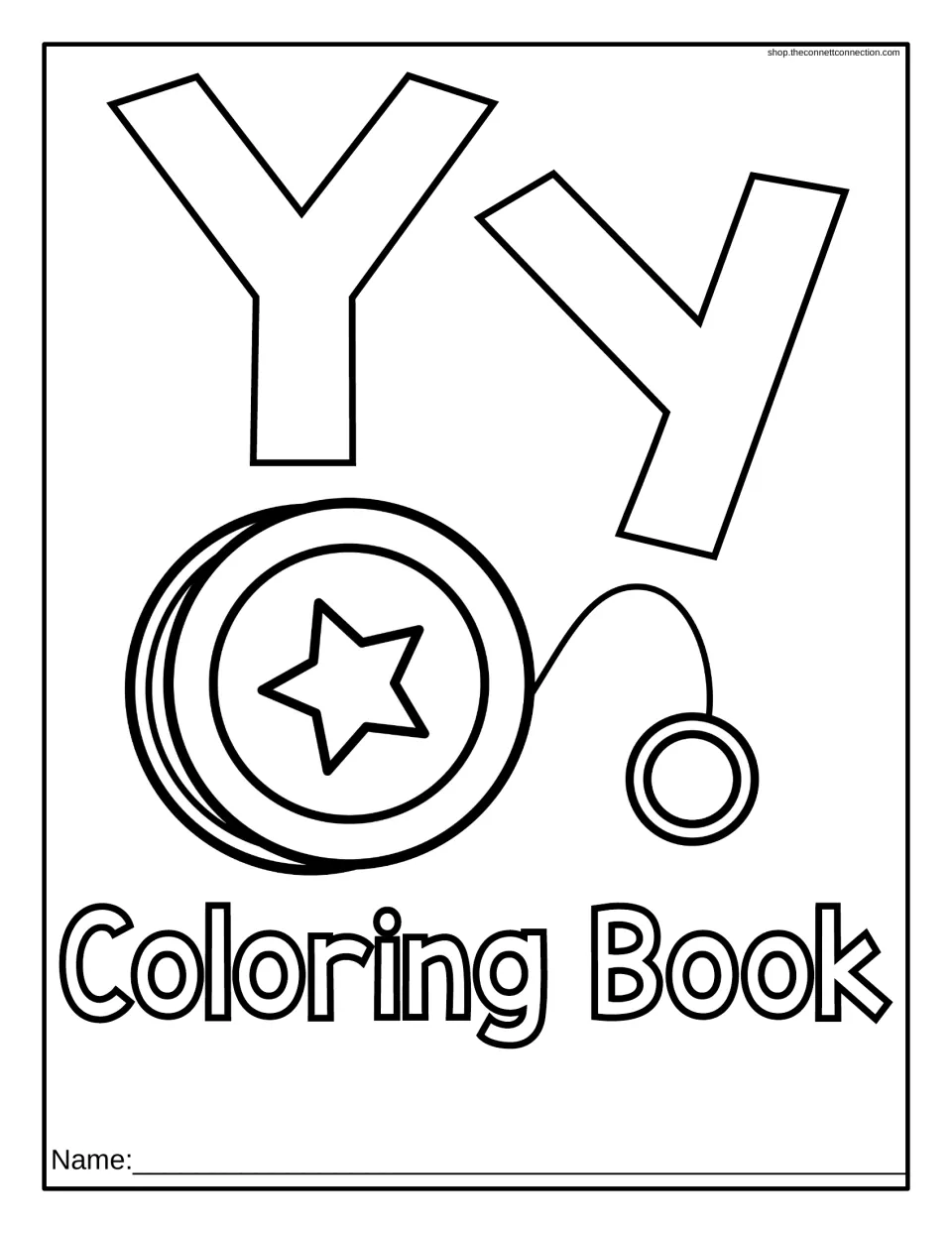 Y coloring book cover: outlined uppercase and lowercase Y above a star yo-yo, with a name line for the student