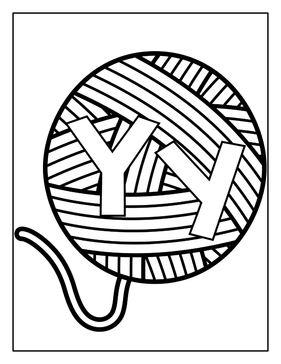 Big Y and small y set inside a ball of yarn for students to shade in, linking the letter shape to the word yarn