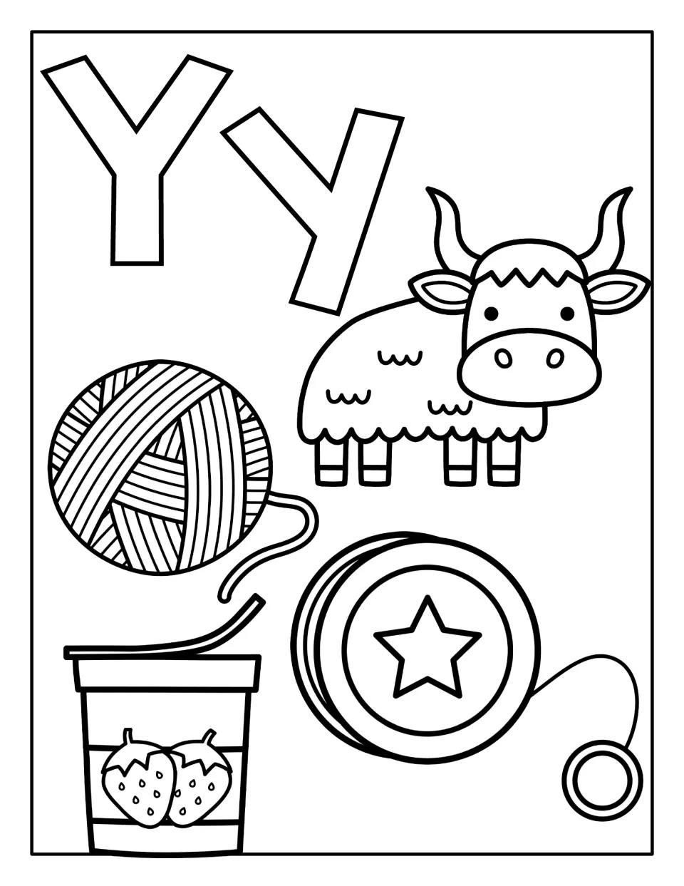 Uppercase and lowercase Y with a yak, yarn, yo-yo and strawberry yogurt cup to color for beginning sound practice