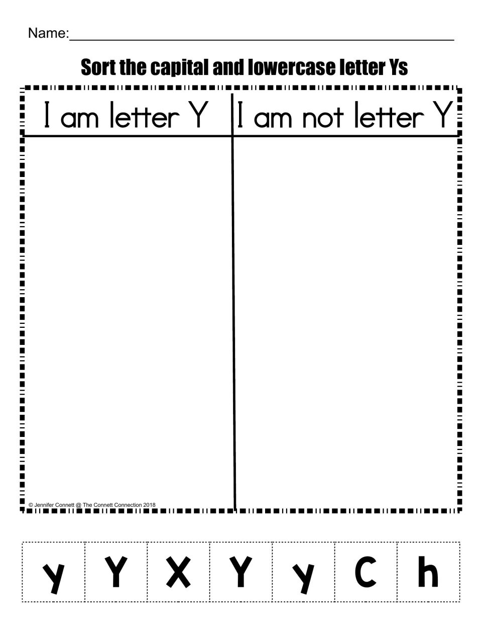 Letter Y identification sort: students cut out y, Y, X, C and h tiles and glue them under I am letter Y or I am not letter Y
