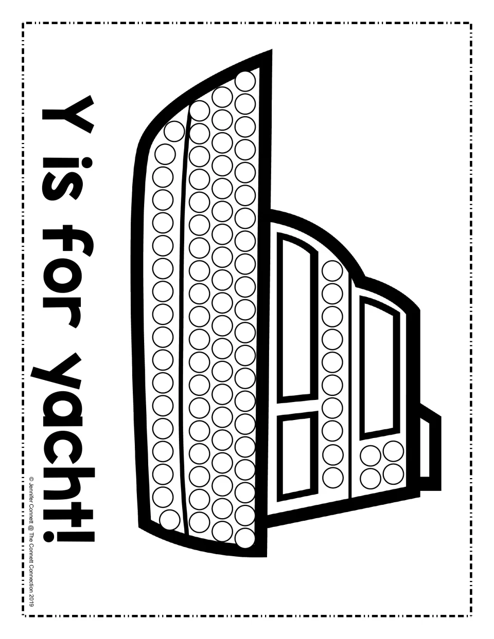 Y is for yacht: students fill rows of circles on a yacht's hull and cabin with dot paint to link Y with the yacht picture