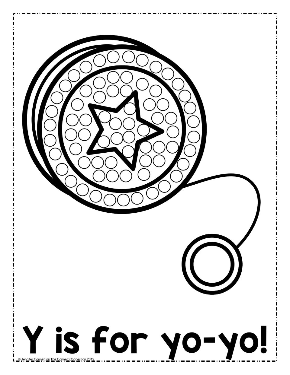 Y is for yo-yo: students dot each circle on a yo-yo with a star in the middle, matching the letter Y to its picture