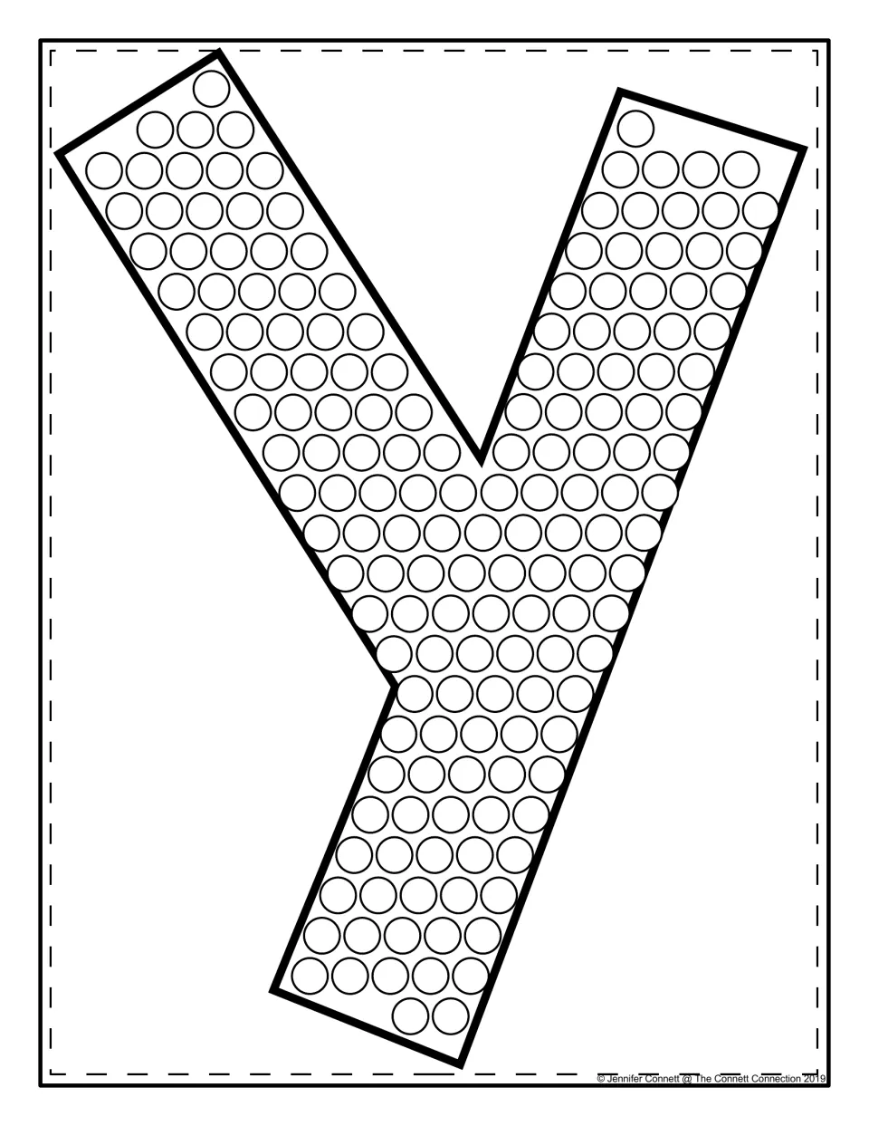 Large lowercase y filled with circles for dot painting, so students trace the slanted strokes of the letter shape