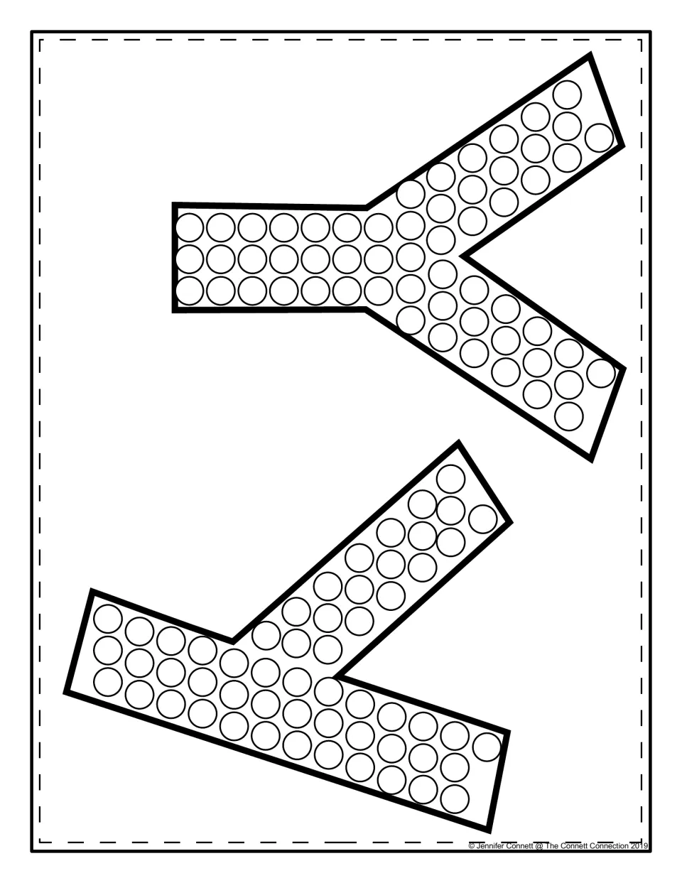 Two rotated Y shapes filled with circles for dot painting, so students spot the letter when it is turned sideways
