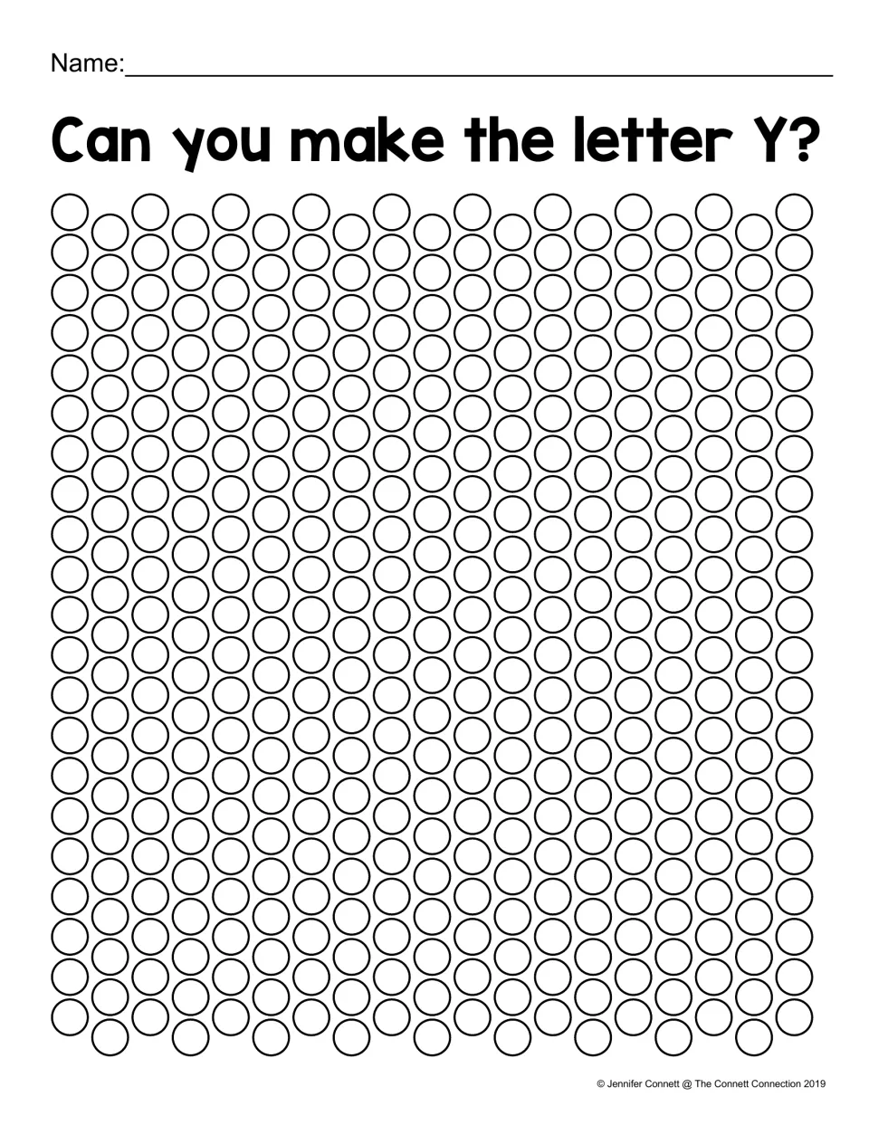 Can you make the letter Y? Students dot only the circles needed to form a capital Y on a page of blank dots