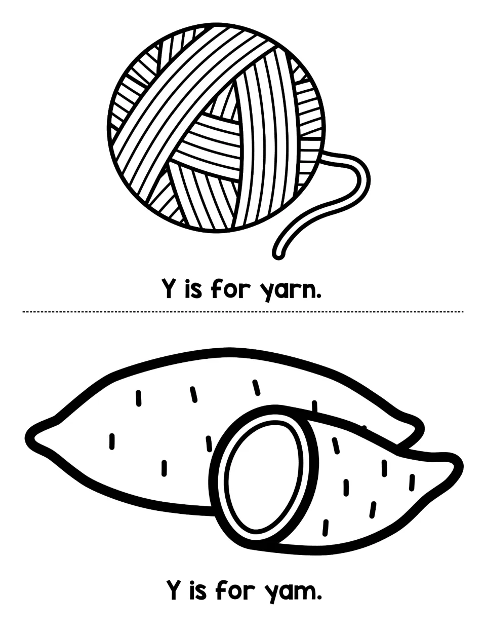 Letter Y words yarn and yam: students read Y is for yarn and Y is for yam beside a ball of yarn and a sliced yam